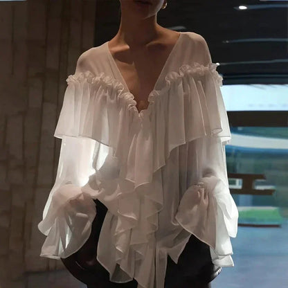 Summer White Chiffon Ruffles V Neck Blouse