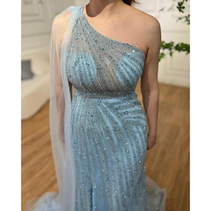 One-Shoulder Cape Sleeve Beaded Evening Dresses