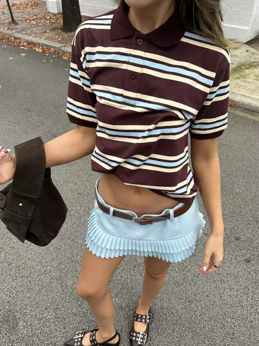 Striped Contrast Short Sleeve T-shirt Women Buttons Turndown Collar Tee Shirt Spring New Streetwear Vintage Chic Top Tees 2025