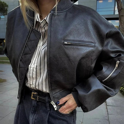 Retro PU Cotton Short Zip Up Coat