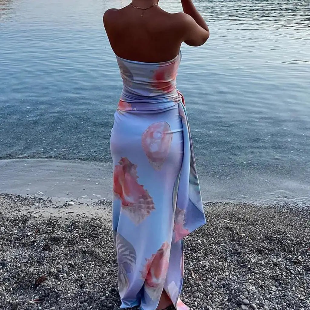 Strapless Split Floral Bodycon Vacation Dress