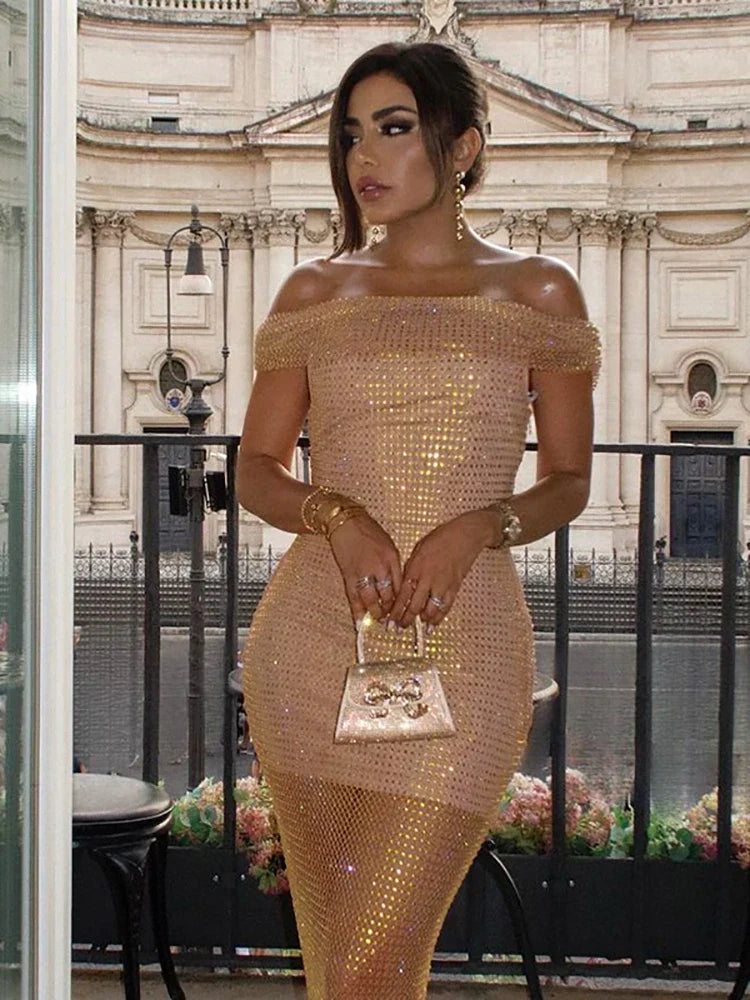 Crystal Mesh Off Shoulder Maxi Dress