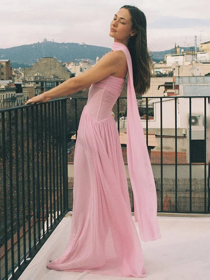 Strapless Mesh Ribbon One-Shoulder Maxi Dress
