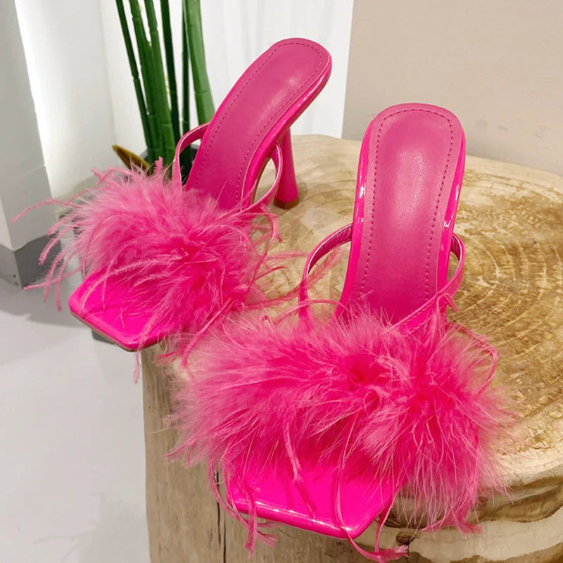 Yellow Fluffy Furry Women's High Heel Slippers Mules for Summer Fashion