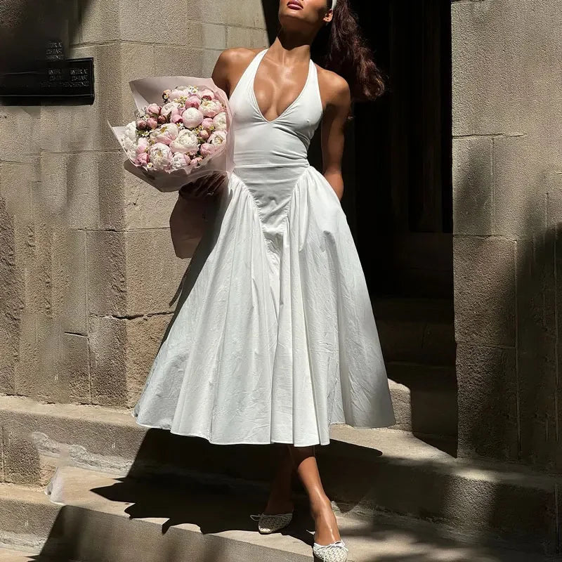 Deep V Backless Halterneck Maxi Dress