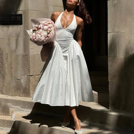 Deep V Backless Halterneck Maxi Dress