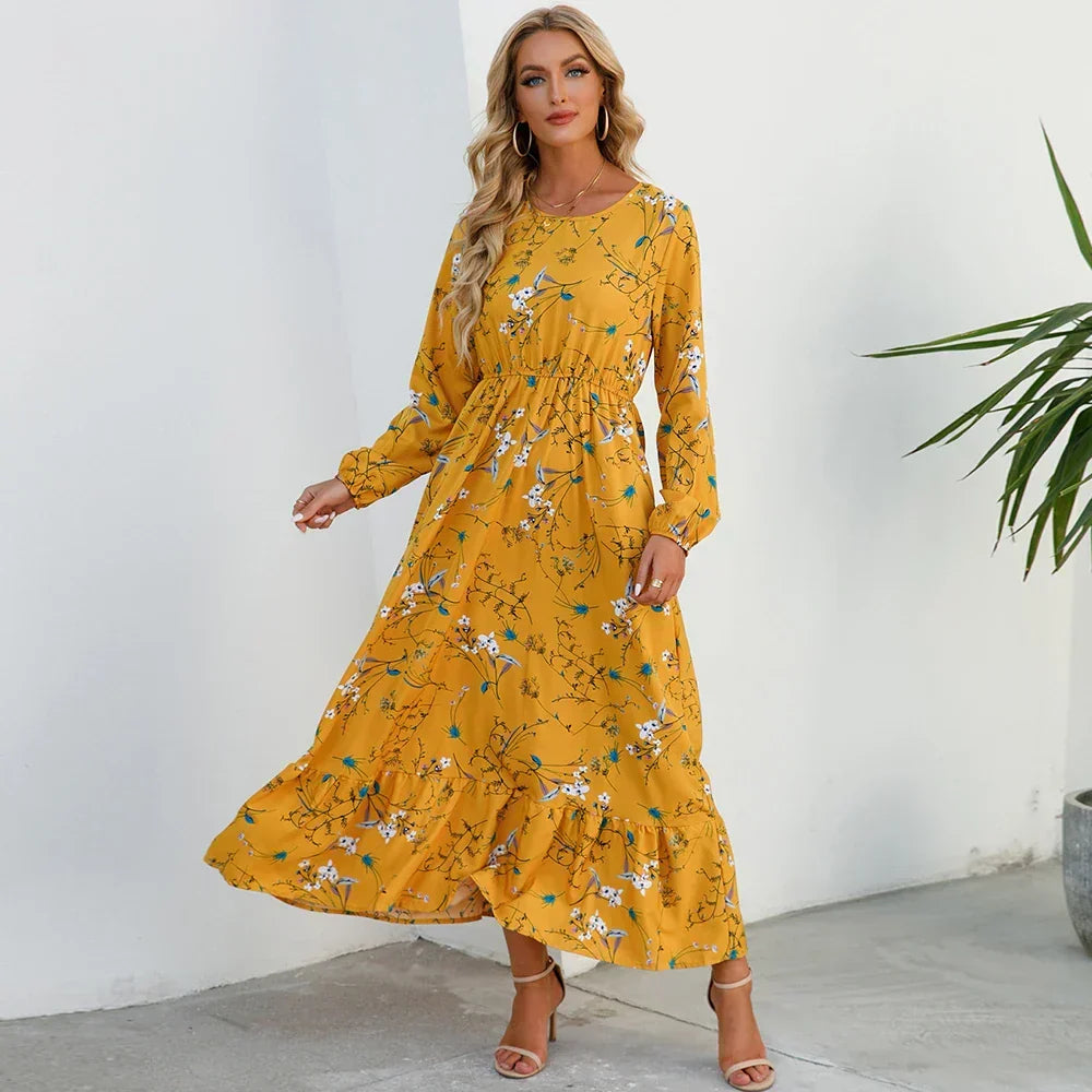 Ditsy Floral Crew Neck Lantern Sleeve Smocked Waist Ruffle Hem Maxi Dress