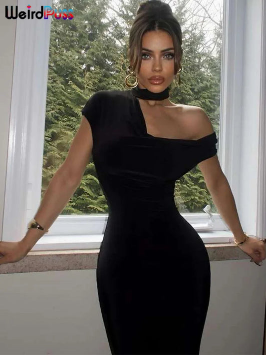 Irregular Incline Shoulder Maxi Dress