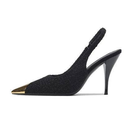 New Metal Black Shallow Mouth Stiletto Strap Women's Spring Sandals