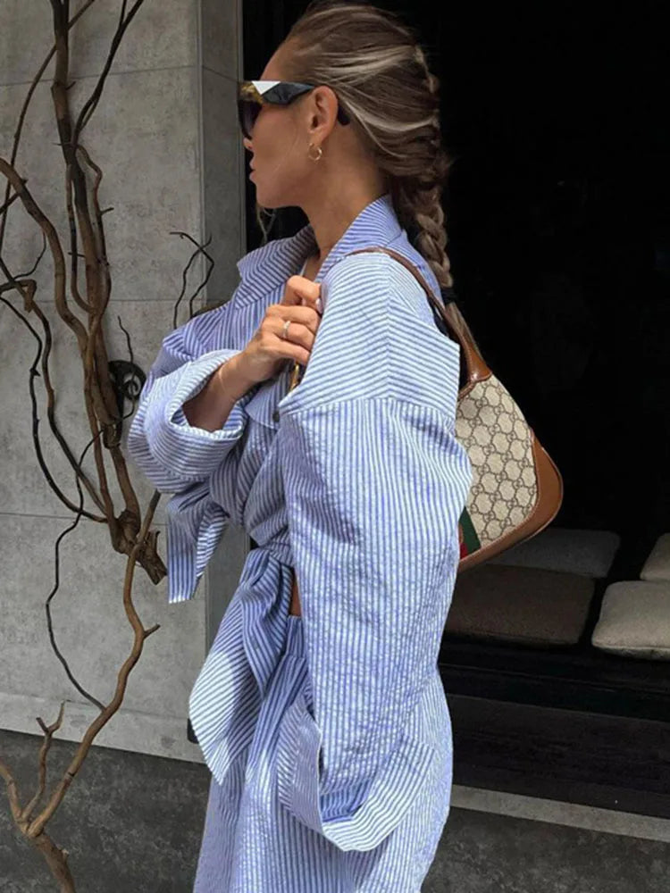 Fashion Contrast Color Shirt Pants Suit 2-piece Women's Summer Striped Casual Patchwork Women's Suit 2-piece Pants Suit