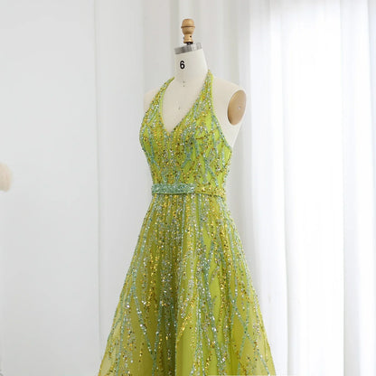 Beaded Halter A-Line Tulle Evening Dresses