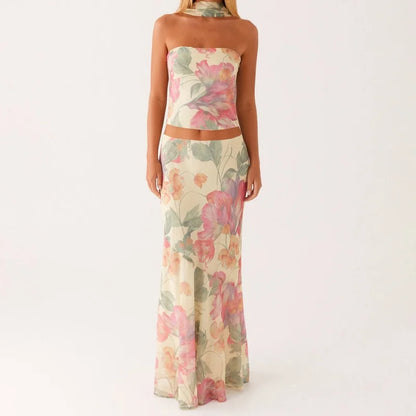 Floral Strapless Bodycon Skirt Two Piece Set