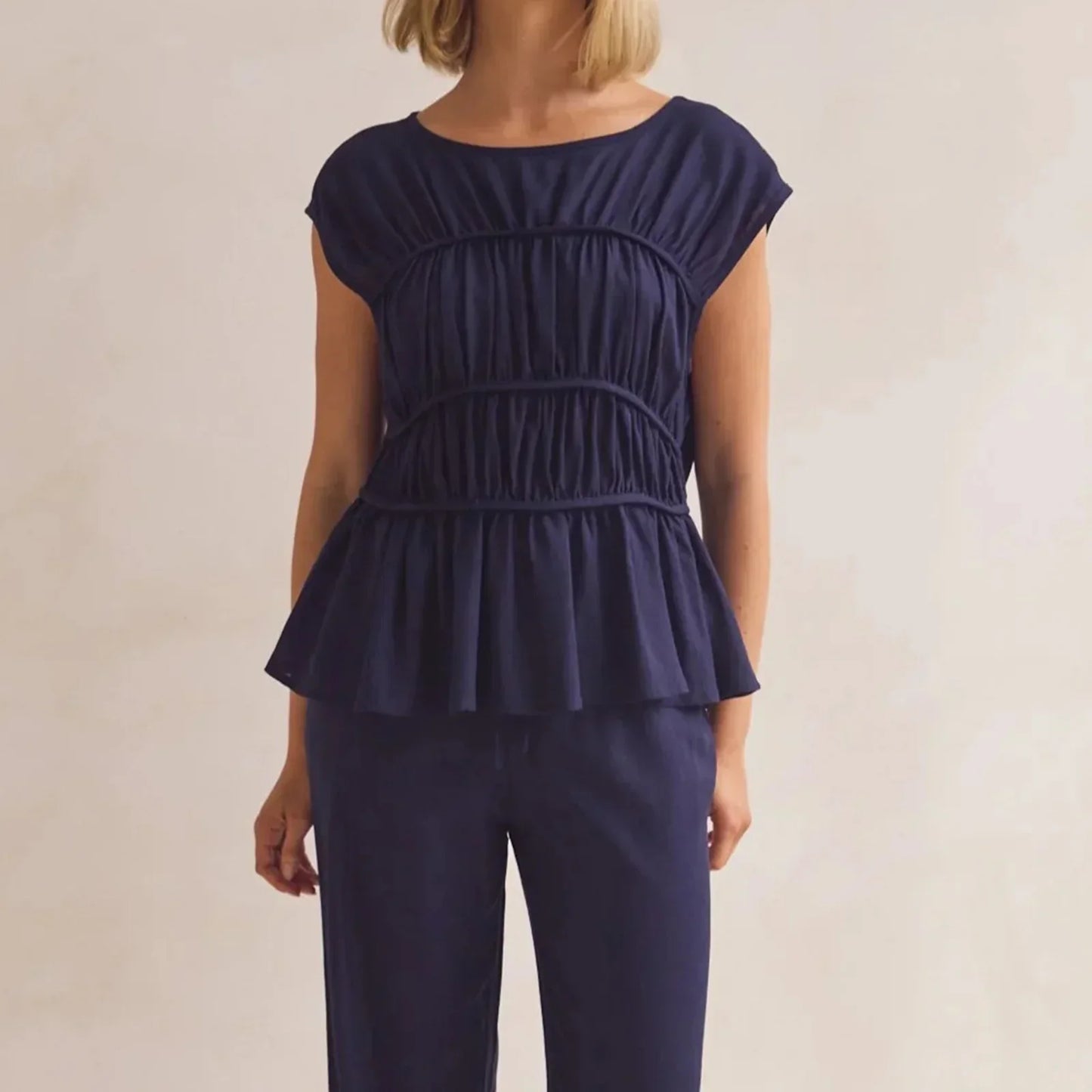 | Ruched Cap Sleeve Peplum Top