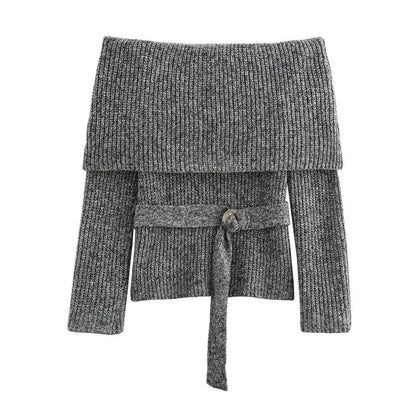 Vintage Off Shoulder Sweater With Belt Women Elegant Knitted Solid Thick Long Sleeve Sweaters Female Winter Chic Street Knitwear