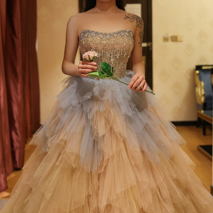 Rose Gold Ruffles Princess Ball Gown Evening Dress