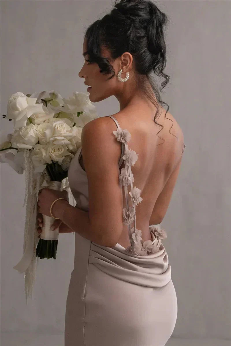 Open Back Cowl Drape Spaghetti Strap Floral Applique Maxi Gown