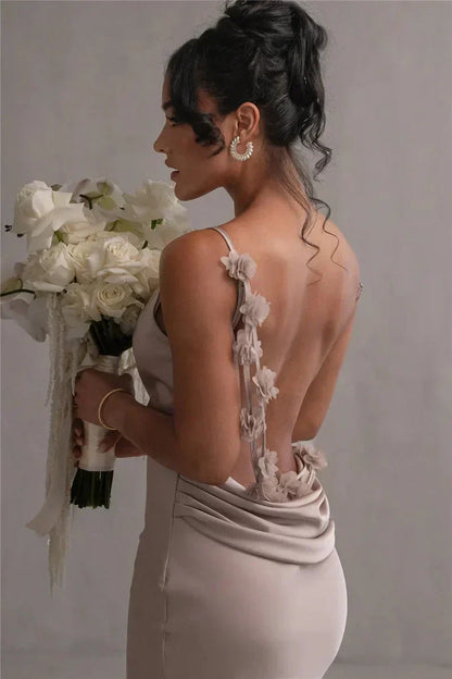Open Back Cowl Drape Spaghetti Strap Floral Applique Maxi Gown
