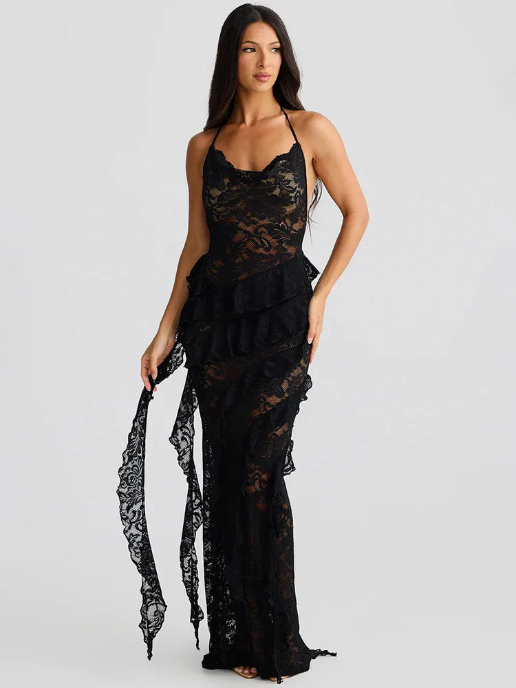 Lace Halter Ruffle Beach Bodycon Dress