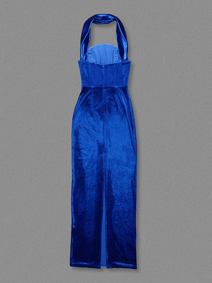 Blue Velvet Halter Sleeveless Maxi Dress