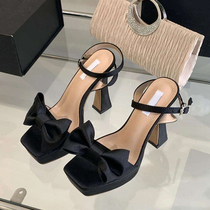 Pink Silk Bowknot Square Open Toe Super High Heels Sexy Sandals