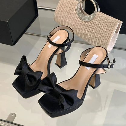 Pink Silk Bowknot Square Open Toe Super High Heels Sexy Sandals