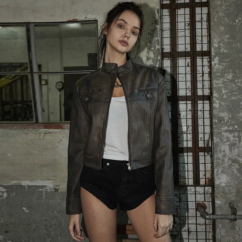 Slim Leather Zipper Button Coat