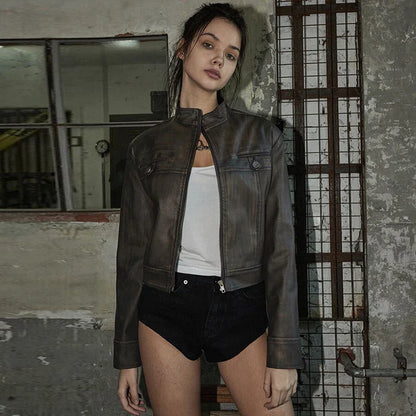 Slim Leather Zipper Button Coat