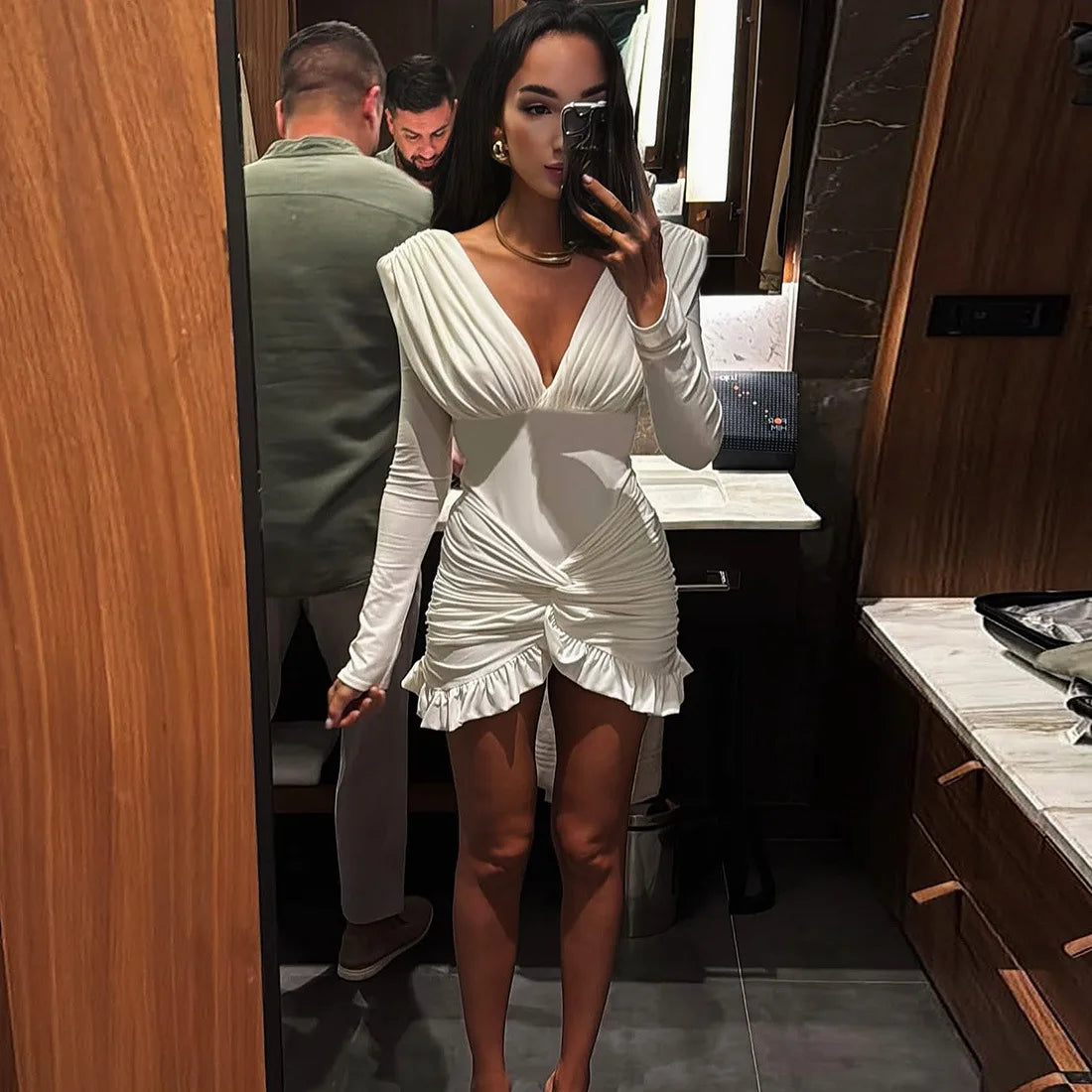 Deep V-Neck Ruched Long Sleeve Twist Front Ruffle Hem Mini Dress