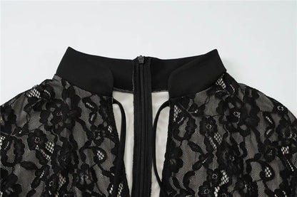 Mesh Lace Ruffled Black Hollow Out Long Dress
