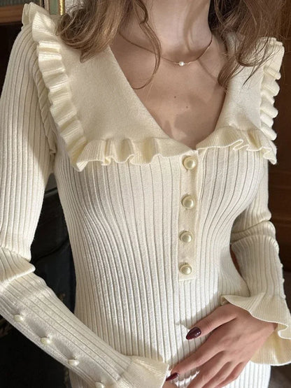 Ruffled Slim Knitted Retro Maxi Dress