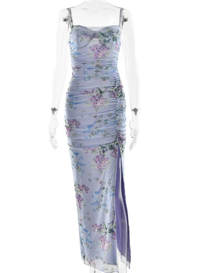 Floral Print Mesh Zipper Spaghetti Strap Long Dress