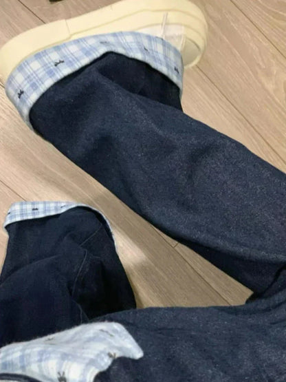 Y2k Embroidery Baggy Jeans Women Vintage Plaid Patchwork Denim Trousers Harajuku Korean Sweet Oversized Jeans Cutecore