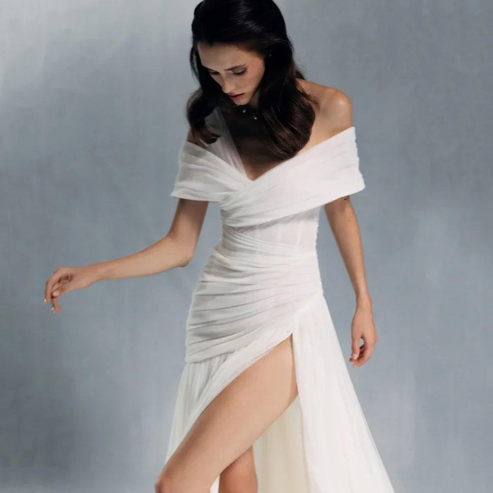 A Line Off Shoulder High Split Tulle Prom Dress