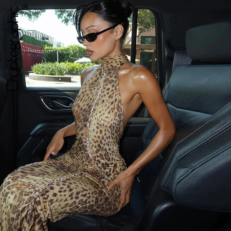 Leopard Halter Bandage Maxi Dress