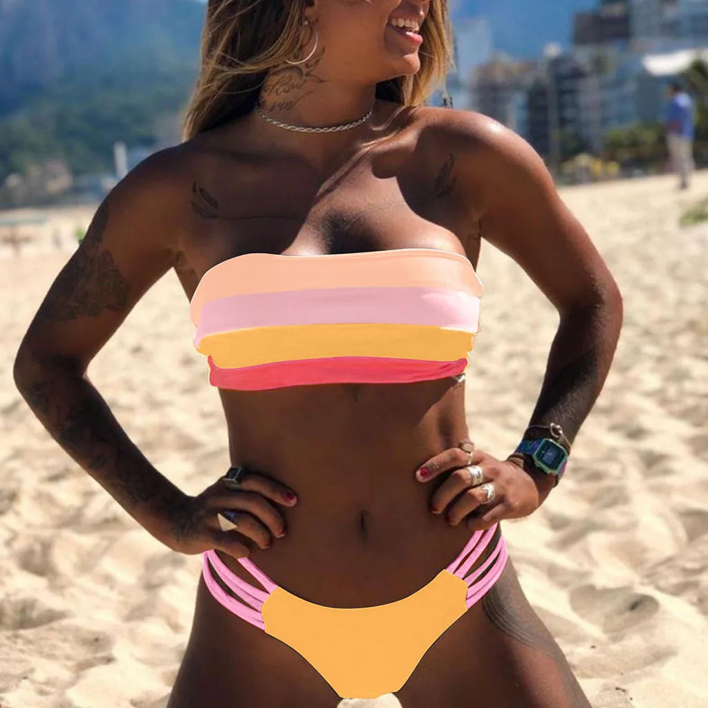 Rainbow Crop Tube Push-Up Two Piece Swim Sets