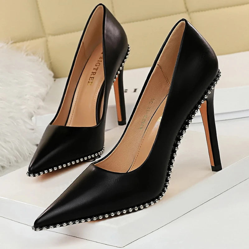 Metal Beads Black Suede High Heel Stiletto Wedding Shoes Women Pumps