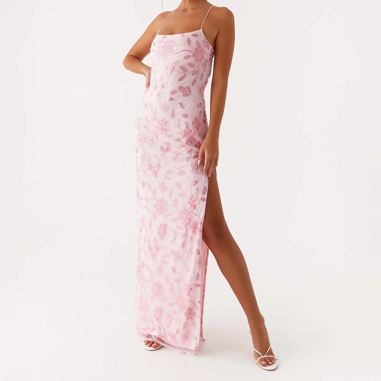 Beaded Sequin Cami Split Bodycon Dress