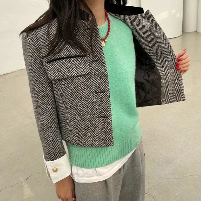 Plaid Metal Button Cropped Coat