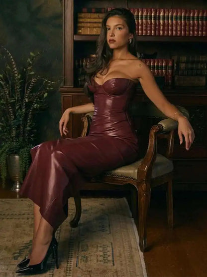 PU Leather Pleated Strapless Midi Dress