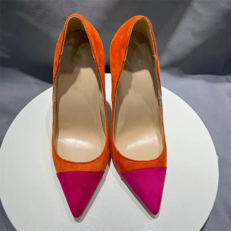 Orange Purple Patchwork Women Flock Pointy Toe High Heel Shoes