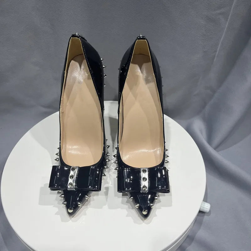 Black Spikes Bow Pointy Toe High Heel Shoes