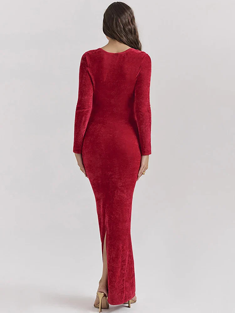 Red Long Sleeve Side Slit Dress