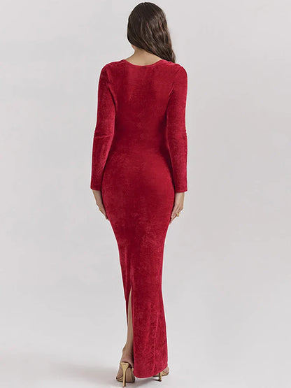 Red Long Sleeve Side Slit Dress