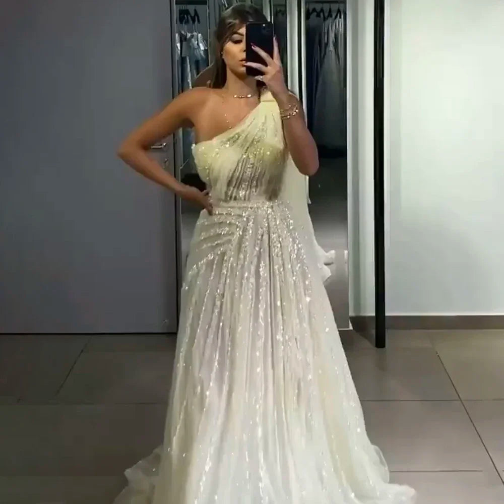 One-Shoulder Cape Sleeve Beaded Evening Dresses
