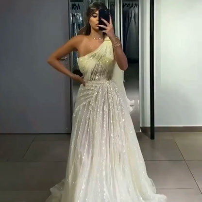 One-Shoulder Cape Sleeve Beaded Evening Dresses
