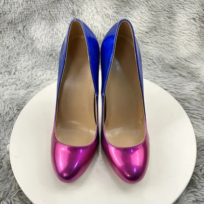 Blue Pink Gradient Round Toe Slip On High Heel Shoes for Women