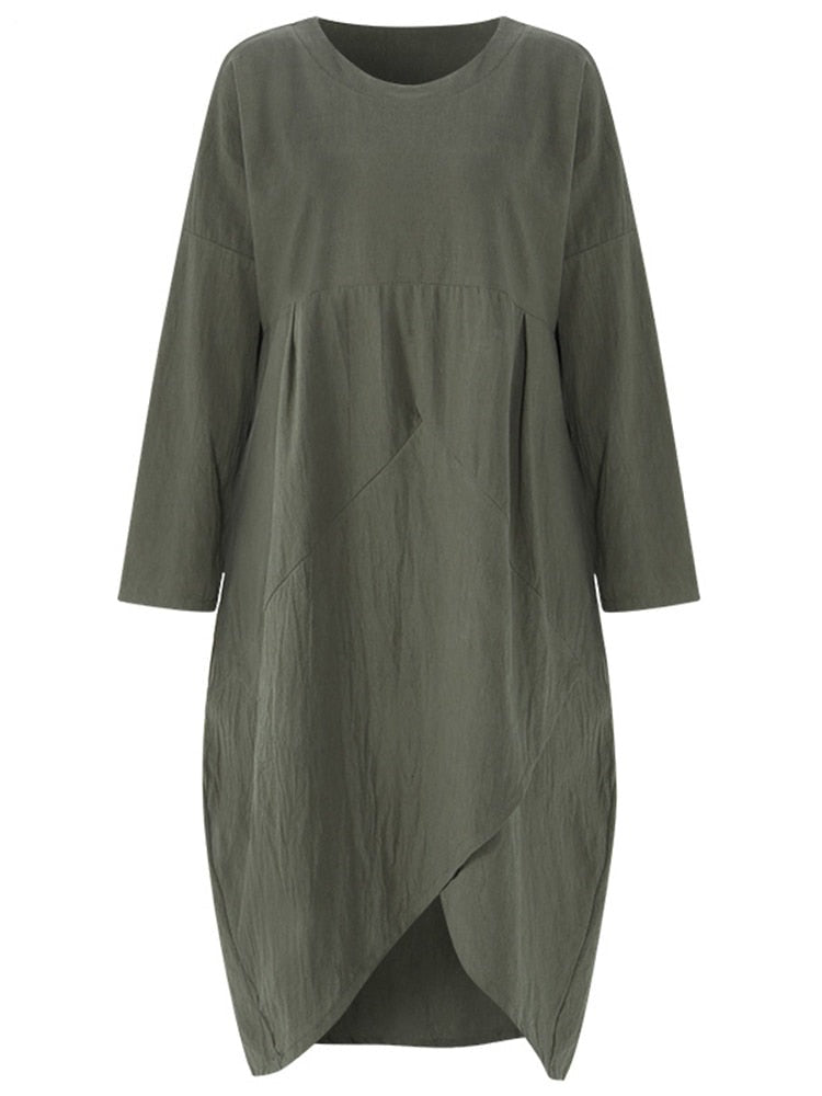 Linen Blend Oversized Long Sleeve Asymmetric Wrap Hem Tunic Maxi Dress