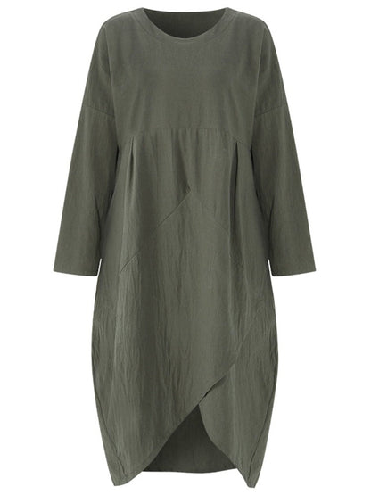Linen Blend Oversized Long Sleeve Asymmetric Wrap Hem Tunic Maxi Dress