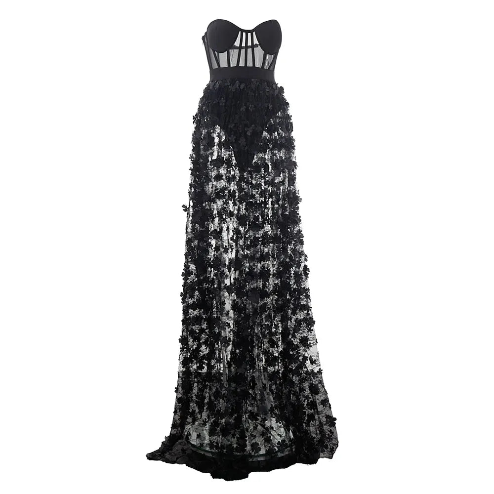 3D Flower Splicing Lace Strapless Puff Dress