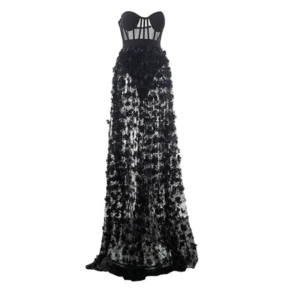 3D Flower Splicing Lace Strapless Puff Dress
